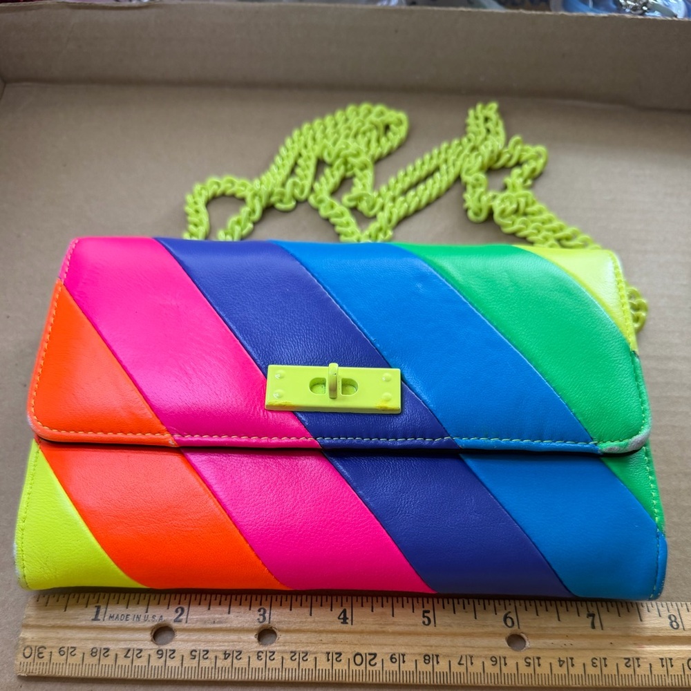 Kurt Geiger Women's Neon Striped Crossbody Bag Yellow Chain - Picture 2 of 10